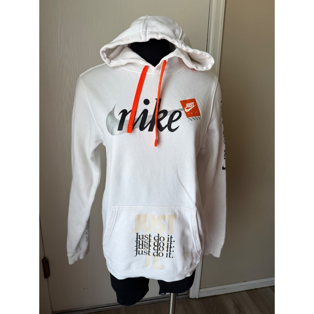 Nike Sportswear Just Do It Multi Logo Hoodie White Orange Mens Small CU4101-100